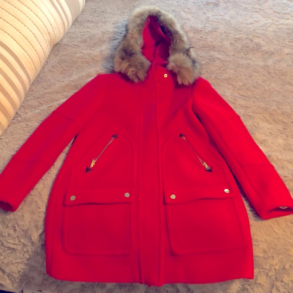 Jcrew Peacoat -fur hooded Italian wool pea coat